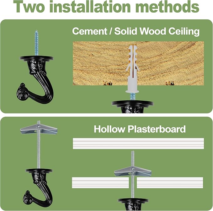 Ceiling Swag Hook Sets - Heavy Duty Hooks with Mounting Hardware for Hanging Plant, Ceiling or Extender Chains - Easy Install with Screws/Brackets (10 pcs - Black)
