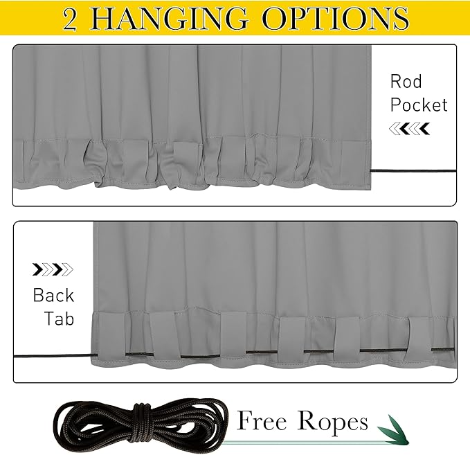 NICETOWN 2 Panels Gazebo Curtains Outdoor Waterproof & Windproof, Top and Bottom Grommet with Back Tab Wind-Break Outdoor Dividers Blackout Blinds with Fixed Rope for Patio, W52 x L108, Silver Grey