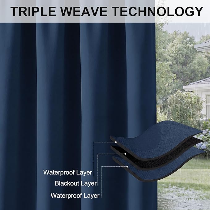 RYB HOME Extra Wide Outdoor Curtains for Patio Waterproof Heavy Duty Thermal Insulated in Summer Full Coverage Privacy for Porch, Cabana & Pergola, W100 x L95, Navy Blue, 1 Panel