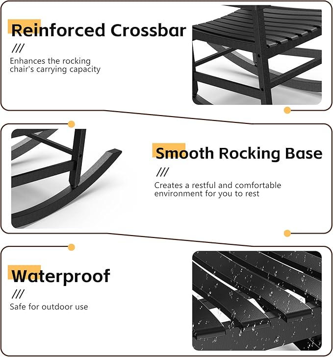Patio Rocking Chair Outdoor Set of 1,Weather Resistant Poly Resin Oversized Porch Rocker,High Back Smooth Design,350lb Weight Capacity,Indoor Outdoor Use