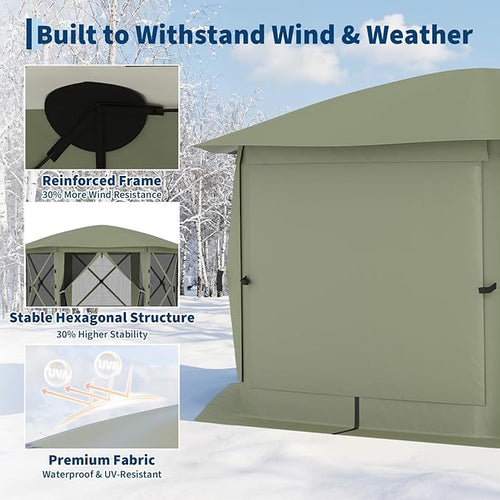 11.5x11.5FT 6-Sided Pop Up Gazebo Tent，One-Push Setup Canopy Tent with Mesh Panels & Removable Wind Cloths, Outdoor shelter for Camping, Backyard Parties, Outdoor Events - Army Green