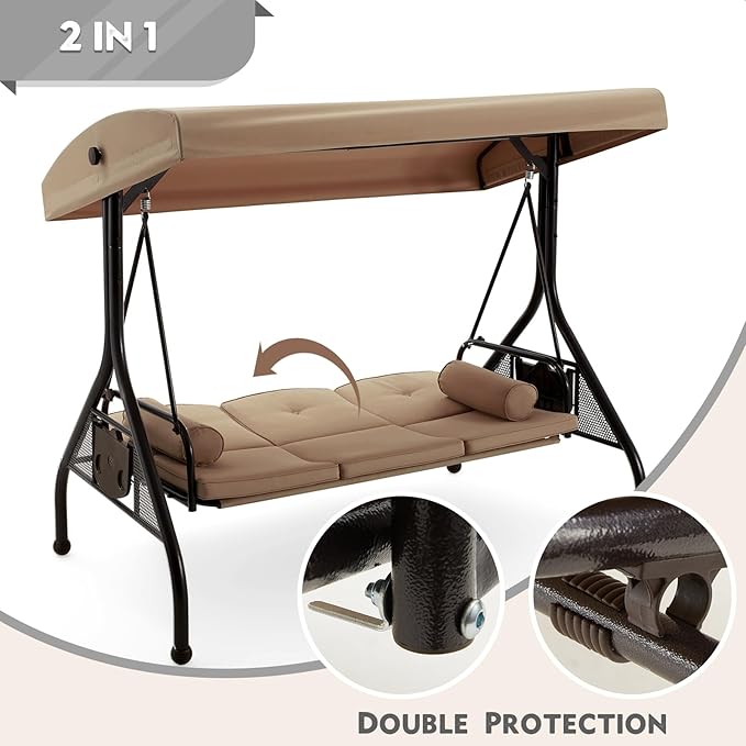 HOMREST 3 Seat Outdoor Porch Swing with Adjustable Canopy, Convertible Patio Swing Bed with Stand, Patio Glider Swing with Upgraded Cup Holder, Thicken Cushions ＆ Pillow for Backyard (Brown)