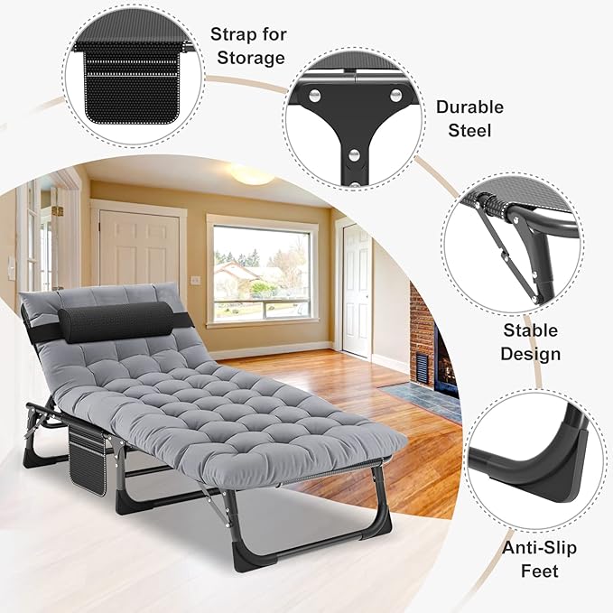 ABORON Chaise Lounge Chair,5 Positions Padded Outdoor Tanning Chair,Heavy Duty Portable Lounge Chair for Outdoor Sunbathing Patio Pool Lawn Deck Poolside,Support up to 440 Lbs