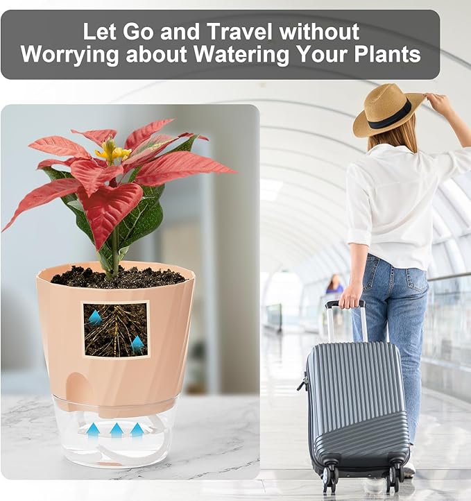 KIMCHOMERSE Self Watering Plant Pots, 4.7 Inch Plant Pots 6-Pack Indoor Planter Pots with Drainage Holes and Tray for Home Decor（2White, 2Pink, 2Blue）