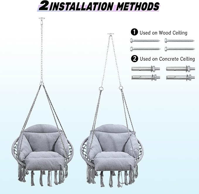 Macrame Hammock Hanging Swinging Chair with Oversized Cushion, Perfect for Bedroom, Porch, Kids, Adults, Balcony, Grey