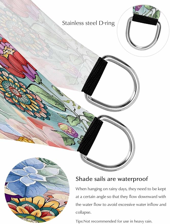 Sun Shade Sail 12'x16' Boho Floral Rectangle Sun Shade Sails Canopy Waterproof Mandala Flowers Plant Outdoor Sunshades Sand UV Block Cover Shade Cloth for Patio Backyard Garden Deck Porch Lawn
