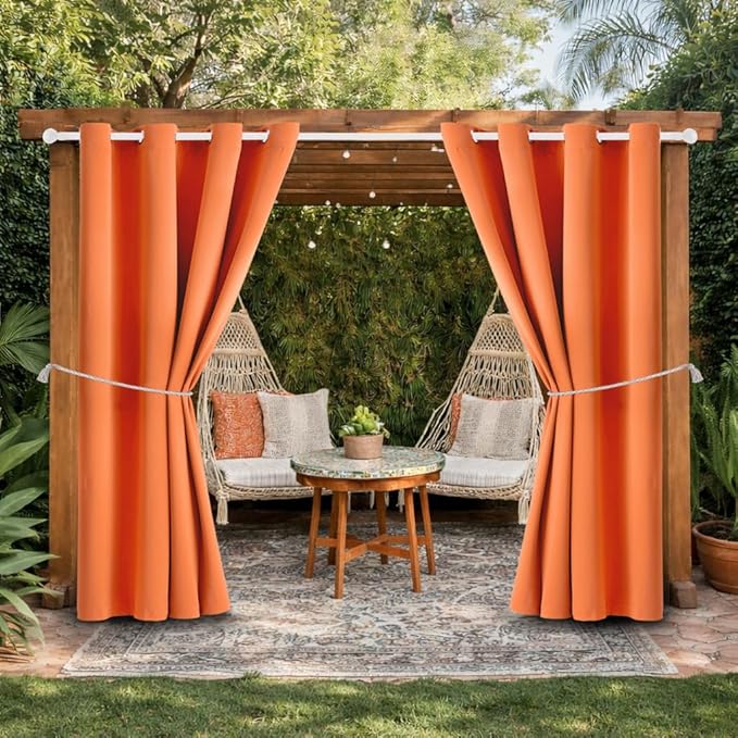 Waterproof Outdoor Curtain W52 x L63 - Grommet Top Sunlight Blocking Window Treatment Drapes Blackout Curtains for Home Bedroom Living Room Outdoor Patio Porch Pergola (Orange, 2 Panels)