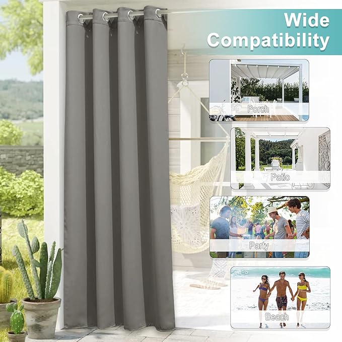 NICETOWN Blackout Outdoor Curtain for Patio Waterproof, Thermal Insulated Silver Rustproof Grommet Top Blackout Indoor Outdoor Curtain/Drape for Cabana, Slate Grey, 1 Panel, W52 x L95