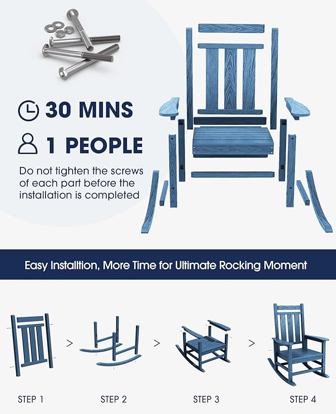 KINGYES Oversized Outdoor Rocking Chair Set of 4, All-Weather Patio Rocking Chairs for Porch, HDPE Outdoor Patio Rockers with High Back & Wide Seat for Garden, Lawn, Blue
