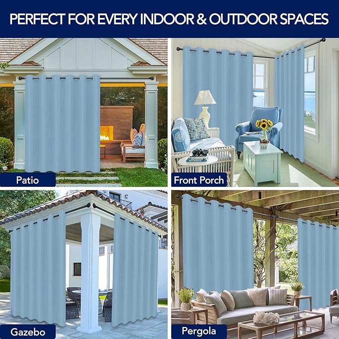PureFit Outdoor Curtains for Patio Waterproof Weatherproof, UV Resistant Outside Curtains for Gazebo, Front Porch, Pergola, Sun Blocking Privacy Curtain, 120W x 108L inch, 1 Panel, Sky Blue