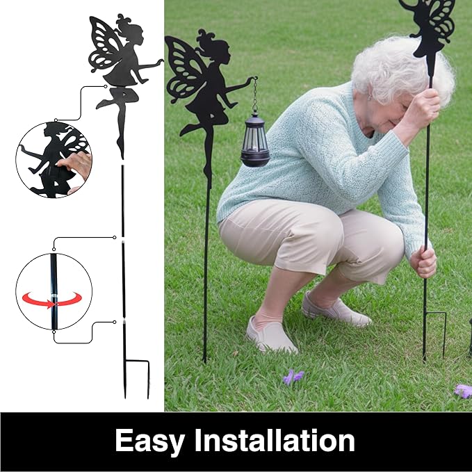 Solar Fairy Garden Accessories Outdoor 1 Pair - Metal Stakes Decorative Figurines Housewarming Ornament for Patio, Lawn, Yard, Pathway - Unique Gift Ideas for Gardening Mom Grandma (Warm Lighting)