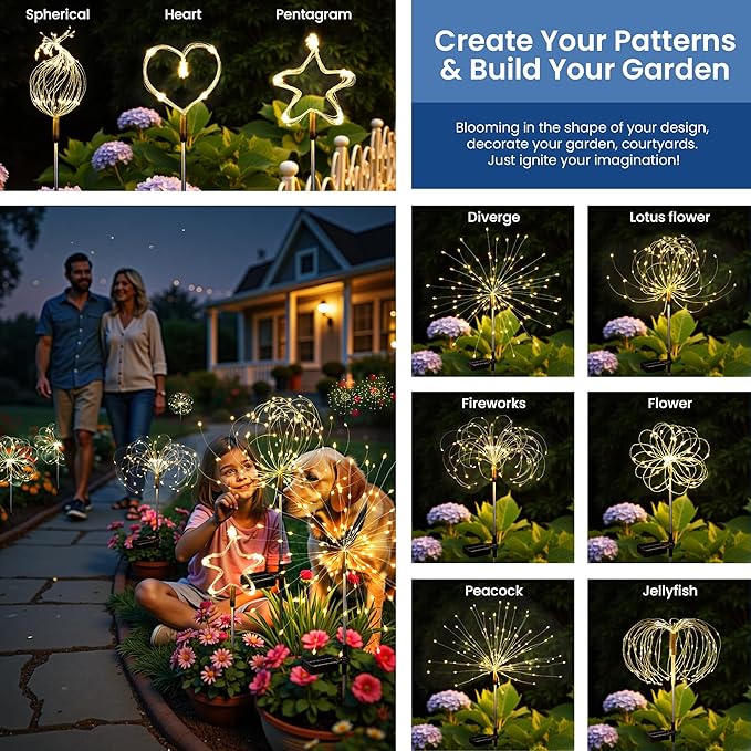 Solar Lights Outdoor, 120LED 6 Pack Fairy Garden Lights Decor for Outside Fireworks Lights Solar Powered for Yard, Patio, Pathway, Walkway, Balcony, Warm White