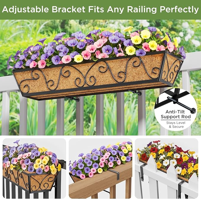 Y&M 30 Inch Window Deck with Coco Liner, Fence Metal Hanging Flower Planter Window Basket Deck Railing Planter Boxes for Outdoor Garden Lawn-Butterfly, 6pcs