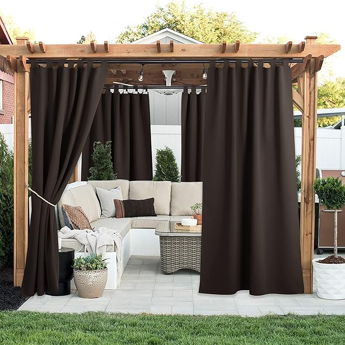 NICETOWN 2 Panels Weatherproof Patio Outdoor Curtains Weighted Blackout, Self-Stick Tab Top Gazebo Drape Water-Proof Privacy Panel for Indoor & Outdoor Divider, W52 x L84, Toffee Brown