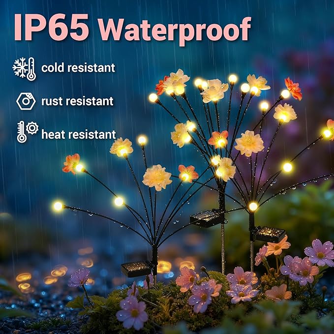 Solar Garden Lights, Warm White LED Swaying Solar Flowers Light for Outside, Waterproof Garden Decor, Outdoor Decorative Lights Yard, Patio, Pathway Decoration Gardening Gifts (4 Pack)