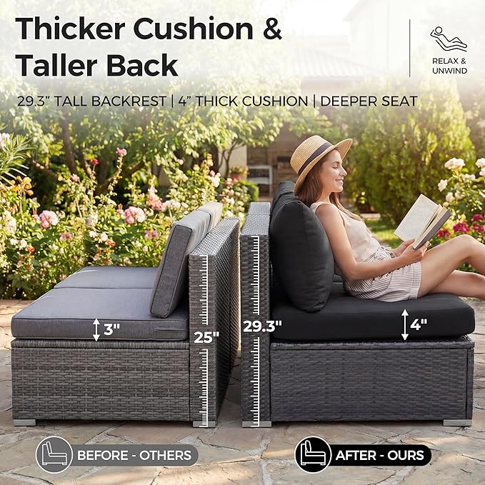 NICESOUL 13 Piece Outdoor Sectional with Fire Pit Table, All-Weather Wicker Modular Patio Furniture Set with Firepit & Chaise Lounge, Large Deep Sitting for Backyard, Deck, Grey & Black
