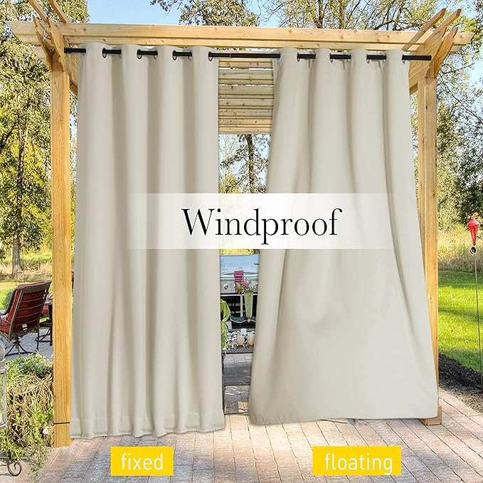 NICETOWN 2 Panels Weighted Outdoor Curtains for Patio Waterproof, Top & Bottom Grommet & Back Tab Fixed Outdoor Curtains Windproof Drapes Thermal Insulated for Pergola, W84 x L95, Beige