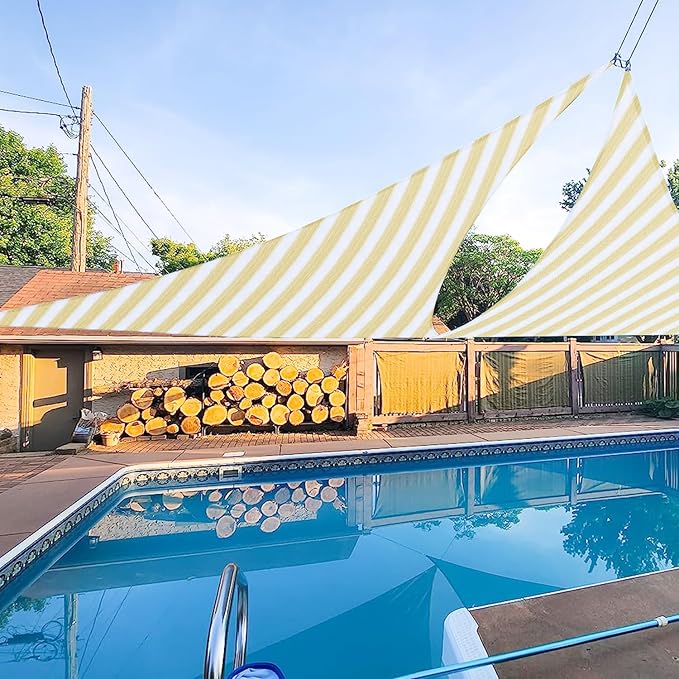 E&K Sunrise 25' x 25' x 25' Sun Shade Sail Triangle Canopy Shade Cover UV Block for Patio Backyard Garden Outdoor (Beige White Strip)
