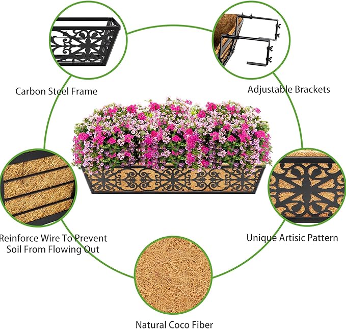 2 Pack 30 Inch Window Boxes Planters Railing Planter Box with Adjustable Brackets & Coco Liners Fabric Plant Grow Bags Deck Railing Planter Boxes Balcony Hanging Flower Box for Outdoor Plants