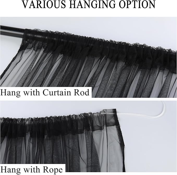 10 x 10 Outdoor Black Tulle Backdrop Curtains Waterproof Voile Sheer Screen Breathable Mash Netting Light Filtering Privacy Curtains for Patio Porch Yard Pergola Gazebo, 2 Panels