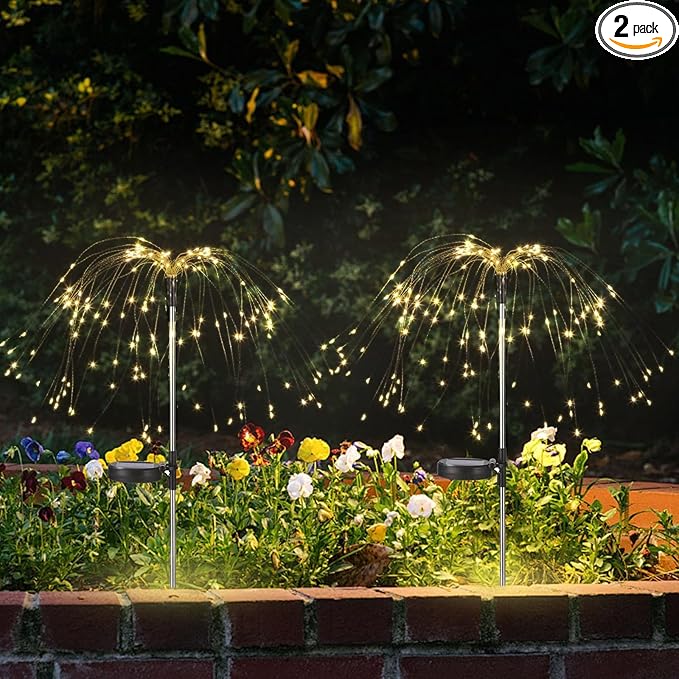 2 Pack Solar Firework Lights Outdoor - Verified 200 LED & 8 Modes - Starburst Solar Powered Garden Lights, Reinforced Durable Stakes, Waterproof Pathway Walkway Lights for Yard Patio Decor