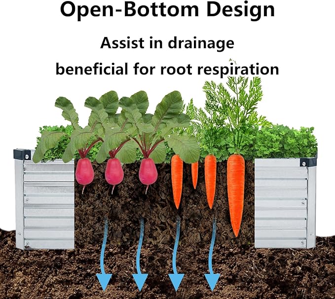 2 Pack 4x2x1FT Galvanized Raised Garden Bed Kit, Outdoor Metal Planter Box for Vegetables, Bottomless Rectangular Gardening Bed with Support Rods, Tool-Free Assembly, Silver