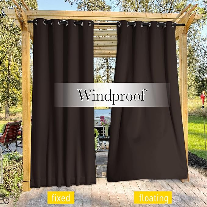 NICETOWN 2 Panels Outdoor Curtains for Patio Extra Wide 84", Waterproof & Windproof Grommet & Back Tab Fixed Top and Bottom Thermal Insulated Drapes with Rope for Gazebo, Toffee Brown, W84 x L84