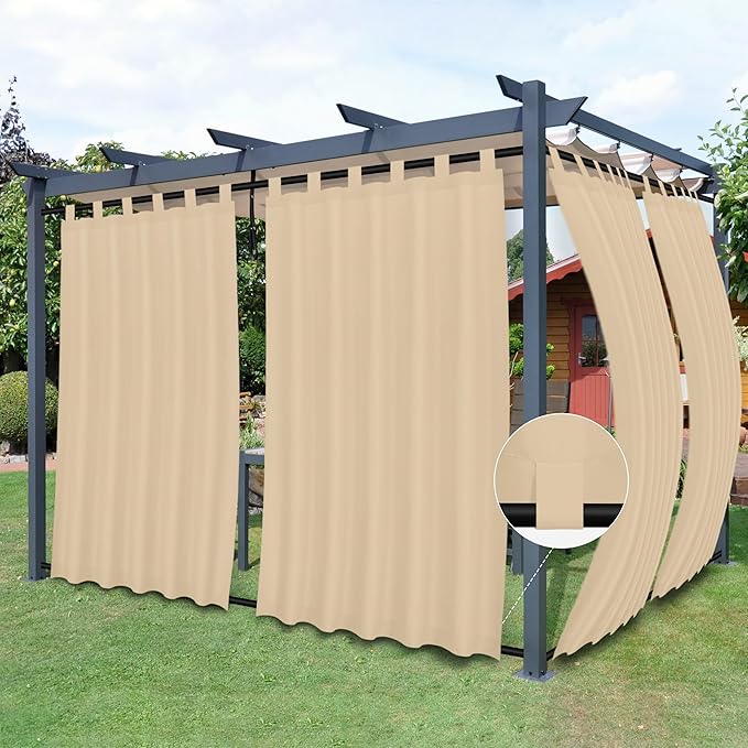 Easy-Going Outdoor Patio Curtains Detachable Tab Top Windproof Weatherproof Curtain for Cabana, Porch, Pergola and Gazebo, Tab Bottom Drape, 2 Panels, 54W x 96L inch, Beige