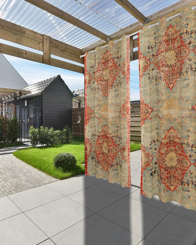 Boho Outdoor Curtains for Patio Waterproof, Grommet Privacy Curtain Drapes Weatherproof Outside Curtains for Porch GazeboPergola Cabana 2 Panel 54x108inch Rustic Bohemian Floral Tribal Orange