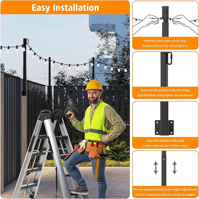 AILBTON 10 Pack 2.8Ft String Light Poles,Light Poles for Outside String Lights,Outdoor Light Poles with Fence Bracket,Metal Pole Stand for Patio,Backyard,Deck