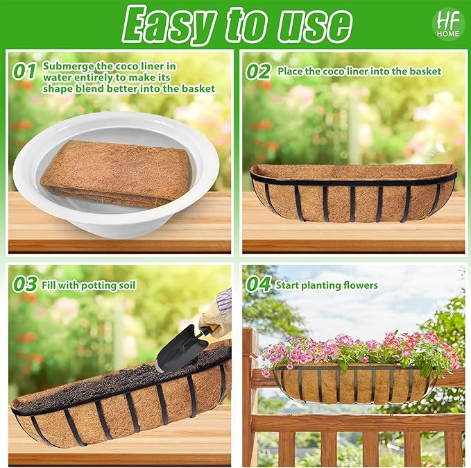 HFHOME 4PCS 24 Inch Coco Liners for planters, Horse Trough Coconut Planter Hanging Basket Liners for Window Box Hanging Trough Planter