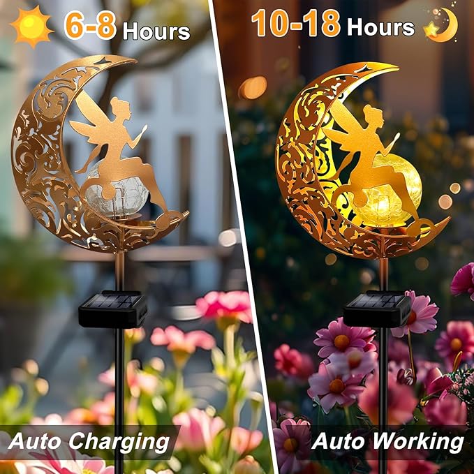 YJFWAL Garden Solar Lights Pathway Stake Lights Moon Fairy Glass Globe with Angel Decor, Christmas Gift for Mom Grandma Friends, Outdoor Decor Light Waterproof for Walkway, Patio, Garden (Warm White)