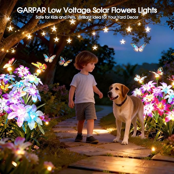 Garpar Solar Lights Outdoor Decorative, Upgraded 4 Pack Flowers with 16 Color Changing Lilies and 12 Butterflies, Brighter Waterproof Garden Decor for Yard Lawn Pathway, Gift for Mom Women Grandma