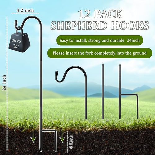 12 Pcs 24 Inch Shepherds Hook for Outdoor Adjustable Bird Feeder Pole Metal Steel Shepard Hooks for Hummingbird Stand Feeder Pole for Garden Plant, Lantern, Hanging Wedding Decor