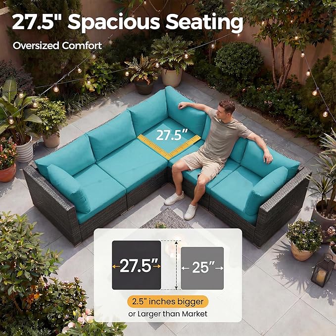 NICESOUL 10 Piece Modern Outdoor Furniture Set with Natural Gas/Propane Fire Pit Table, 29.3'' High-Back Extra Large Patio Sectionals with Firepit, Deep Wide All-Weather Rattan Sofas, Turquoise & Gray