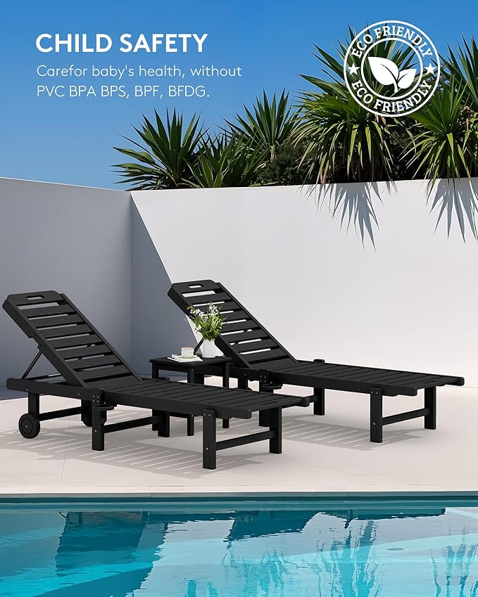 SERWALL Patio Chaise Lounge Chair, HDPE Outdoor Lounge Chair with Cup Holder, 5 Positions Adjustable Poly Lounger with Rolling Wheels for Poolside, Deck, Sunbathing, Black