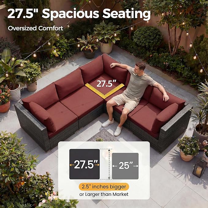 NICESOUL 18 Piece Outdoor Patio Furniture Set with Fire Pit and Chaise Lounge, 500 lbs High Weight Capacity Outdoor Sectional with Fire Pit, 14-Seat Deep Seating Sectional, Grey & Burgundy
