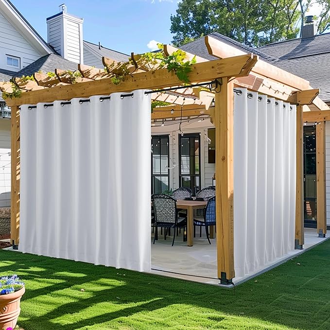 NICETOWN 2 Panels Windproof Outdoor Curtains for Patio Waterproof, Extra Wide Grommet & Back Tab on Top & Bottom Thermal Insulated Sun Blocking Drapes with Rope for Deck, Greyish White, W100 x L95