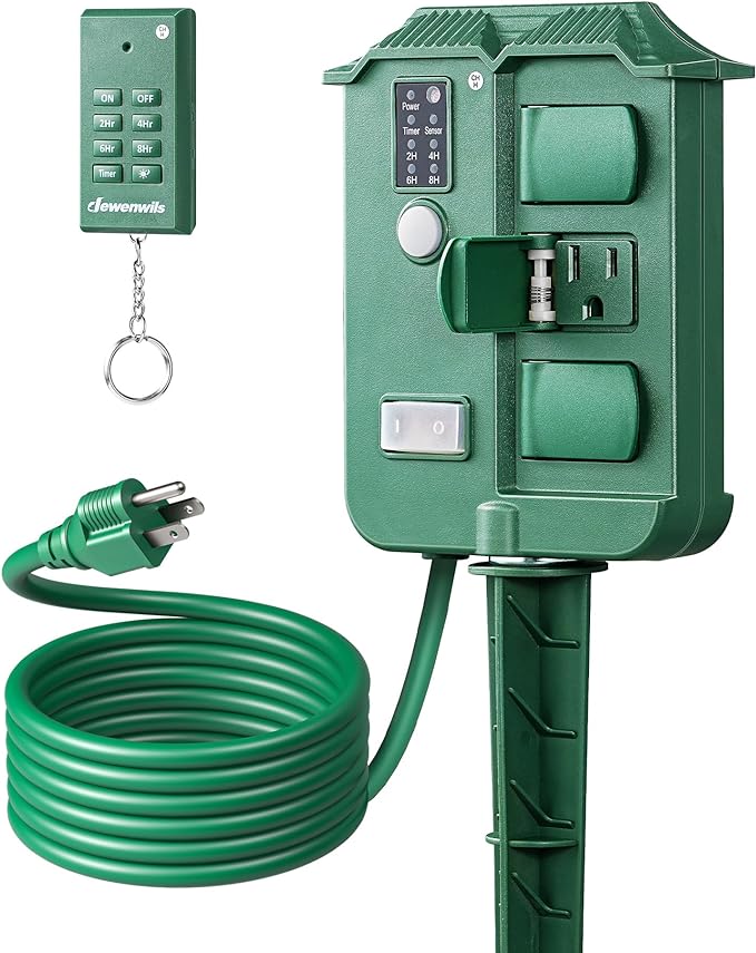 DEWENWILS Outdoor Power Stake Timer Waterproof, 6 Grounded Outlets, 6FT Extension Cord, 100FT Wireless Remote Control, Photocell Dusk to Dawn Timer for Lights, Yard, Garden, UL Listed