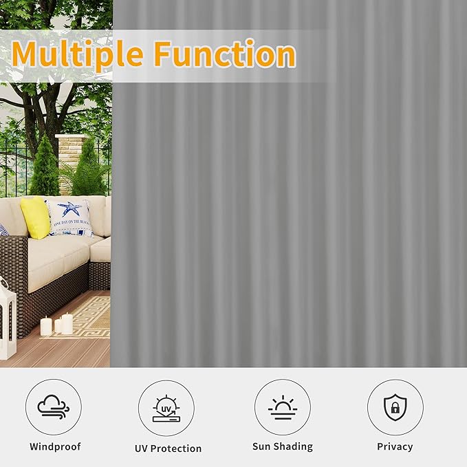 Easy-Going Outdoor Patio Curtains Detachable Tab Top Windproof Weatherproof Curtain for Cabana, Porch, Pergola and Gazebo, Tab Bottom Drape, 2 Panels, 110W x 120L inch, Light Grey