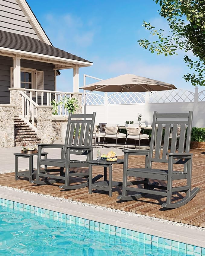 HDPE Rocking Chair Outdoor Set of 4 - Poly High Back Porch Rocker Chairs for Adults - All Weather Resistant Furniture for Patio Front Porch - Gray