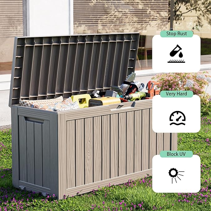 75 Gallon Waterproof Outdoor Storage Box,Resin Deck Box,Lockable Outside Storage Box Container for Patio Furniure,Garden,Pool Tools (75 Gallon,Grey)