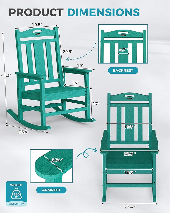 Ciokea Oversized Outdoor Rocking Chairs Set of 2, 380lbs Heavy-Duty Large Patio Rocker, High Back Cozy Porch Chairs, Weather Resistant Patio Rocking Chairs for Outside, Fire Pit, Deck, Aruba Blue