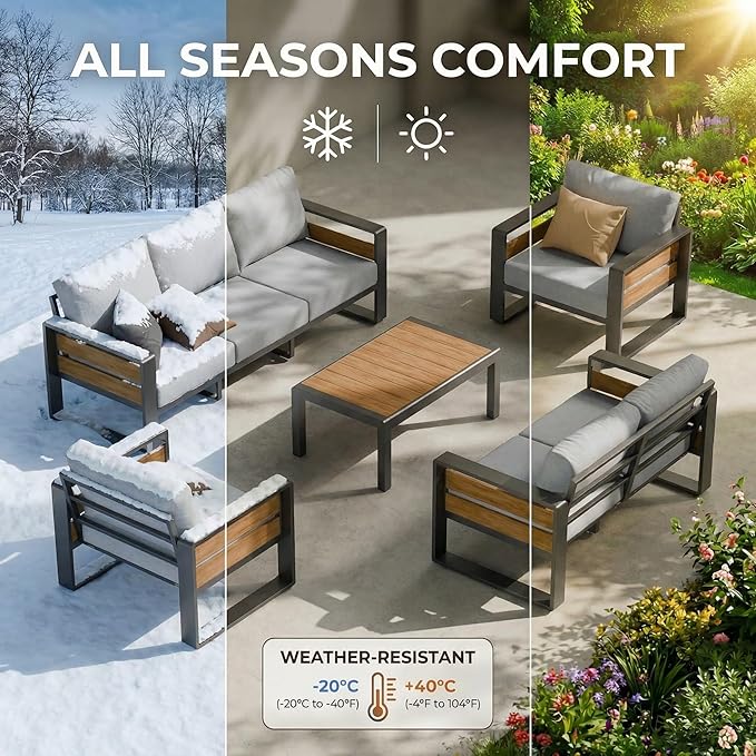ZANDOR Aluminum Outdoor Patio Furniture Set, 4-Piece Metal Modern Outside Sectional Conversation Lawn Furniture with Coffee Table & Washable Thick Cushions,Seating Sofa for Garden/Backyard/Porch Grey