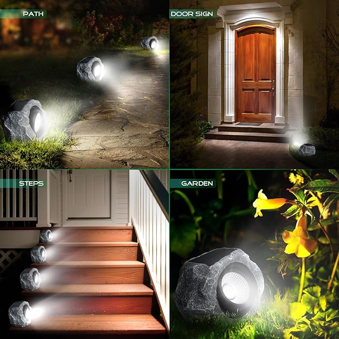 2 Pack Solar Rock Lights Outdoor, Angle Adjustable Solar Lights Outdoor Waterproof, LED Solar Garden Lights, Auto On/Off Landscape Lighting for Yard Pathway Patio Flower Bed - White Glow (Stone Gray)