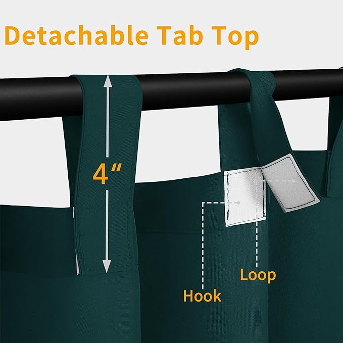 Easy-Going Outdoor Patio Curtains Detachable Tab Top Windproof Weatherproof Curtain for Cabana, Porch, Pergola and Gazebo, Tab Bottom Drape, 2 Panels, 110W x 96L inch, Teal