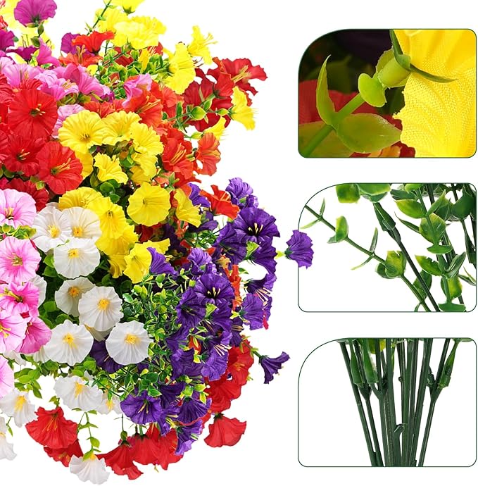 Artificial Flowers for Outdoors, UV Resistant Fake Silk Morning Glory, Realistic Faux Plants for Outside Porch Patio Window Box Hanging Planter (12, Purple Fuchsia Yellow Orange)