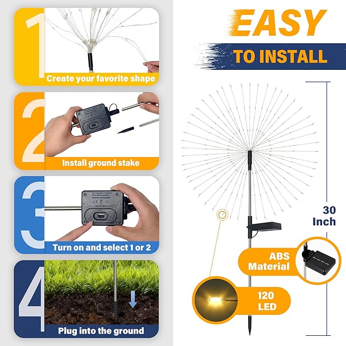 Solar Garden Lights Outdoor Decorative, 2pack 120 LED Firework Lights Waterproof，Solar Fairy Lights for Outside,Garden,Yard, Patio,Pathway,Flowerbed,Party(Warm White)