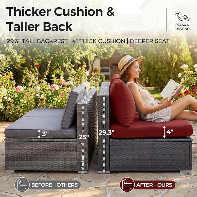 NICESOUL 7 Piece Oversized Patio Furniture Sofa Set with Fire Pit Table Propane Natural Gas Convertible, 29.3'' High Back Sturdy Outdoor Conversation for Heavy People, 2 Color Cushion Wine & Gray