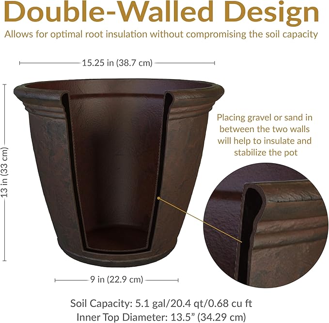 Sunnydaze 15.25-Inch Anjelica Large Plastic Pot for Plants - Outdoor Double-Walled Large Plastic Planter with Drillable Drainage Holes - Rust
